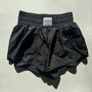 OFFLINE by Aerie The Hugger Black Smocked High Waisted 2-in-1 Running Shorts S